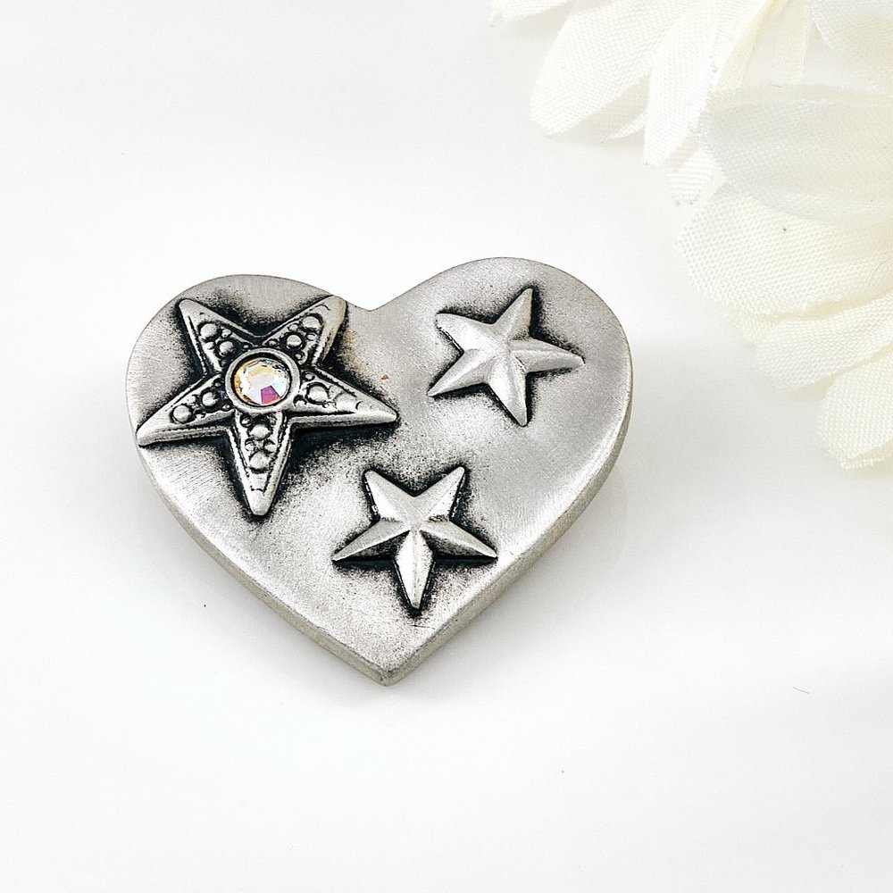Vintage Pewter & Rhinestone Heart Pin/Brooch